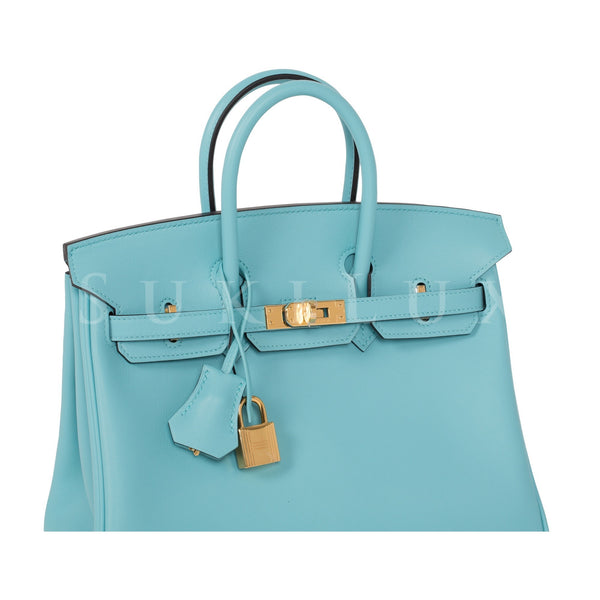 Rare New Authentic Hermes Birkin Bag 25cm Blue Atoll Lagoon Gold