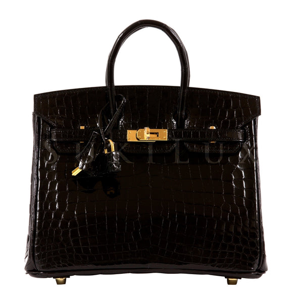 🗝️ Hermès 25cm Birkin Black Shiny Porosus Crocodile Gold