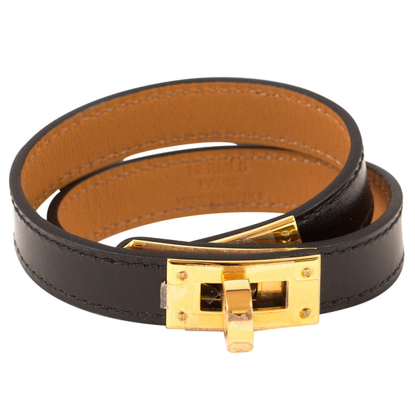Hermès Kelly Double Tour Leather Bracelet Black Gold Hardware – SukiLux
