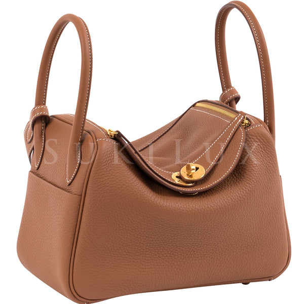 Lindy 26 clemence etoupe bag with gold hardware