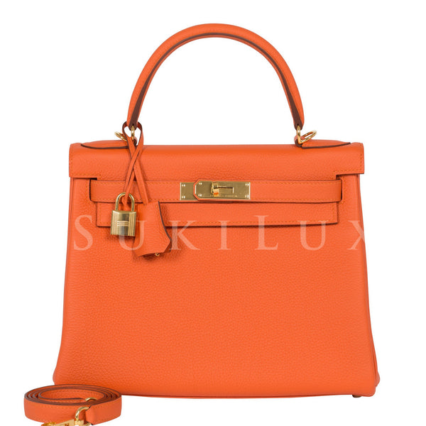 Hermes Kelly 28cm Capucine Red Orange Togo Gold Shoulder Bag - Chicjoy