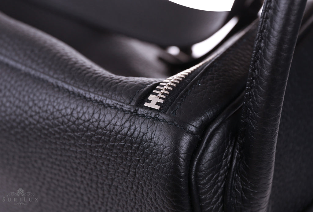 Hermes 30cm Black Clemence Leather Palladium Plated Lindy Bag