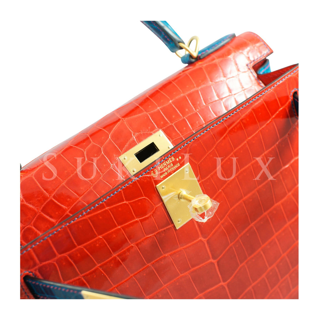 Hermès Kelly Bag 28cm in Sanguine Crocodile Niloticus Leather with Gol –  Sellier