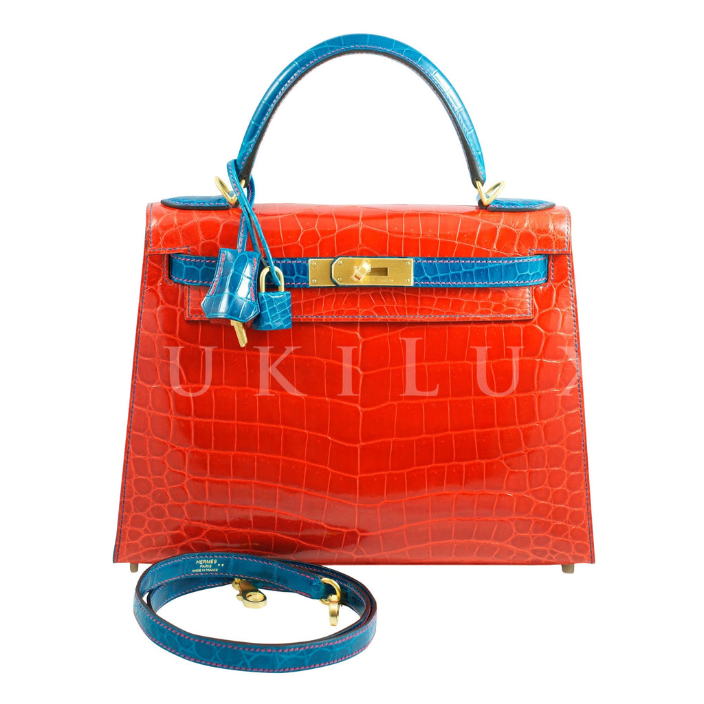 Hermès Kelly 28cm Sellier Crocodile Shiny Nilo D5 Geranuim/7W Bleu