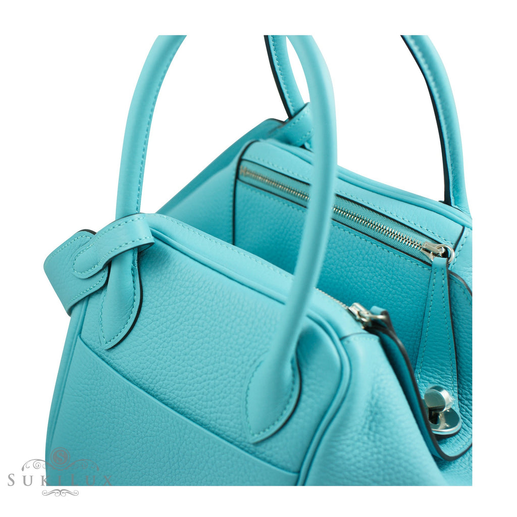 AUTHENTIC HERMES LINDY 30 BLUE ATOLL EVER COLOR WITH PALLADIUM HARDWARE