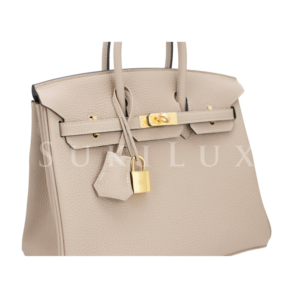 Hermes Personal Birkin bag 25 White/ Gris tourterelle Clemence leather  Champagne gold hardware