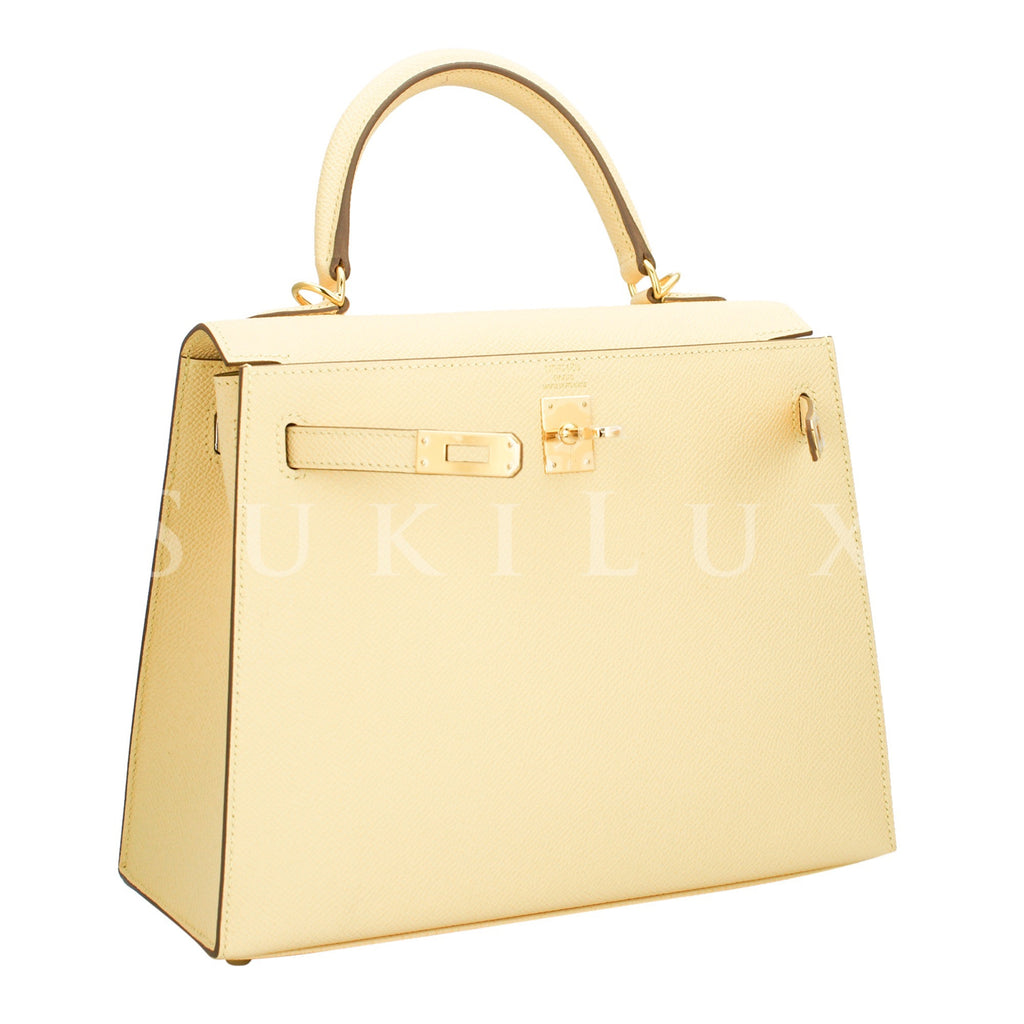 Hermes Kelly Bag 25cm Sellier Jaune Poussin Epsom Gold Hardware
