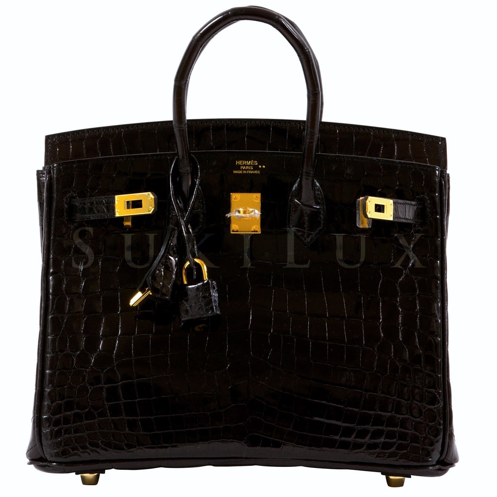 Hermes Kelly Crocodile shiny ck89 noir Gold Hardware 25cm Full Handmade -  lushenticbags