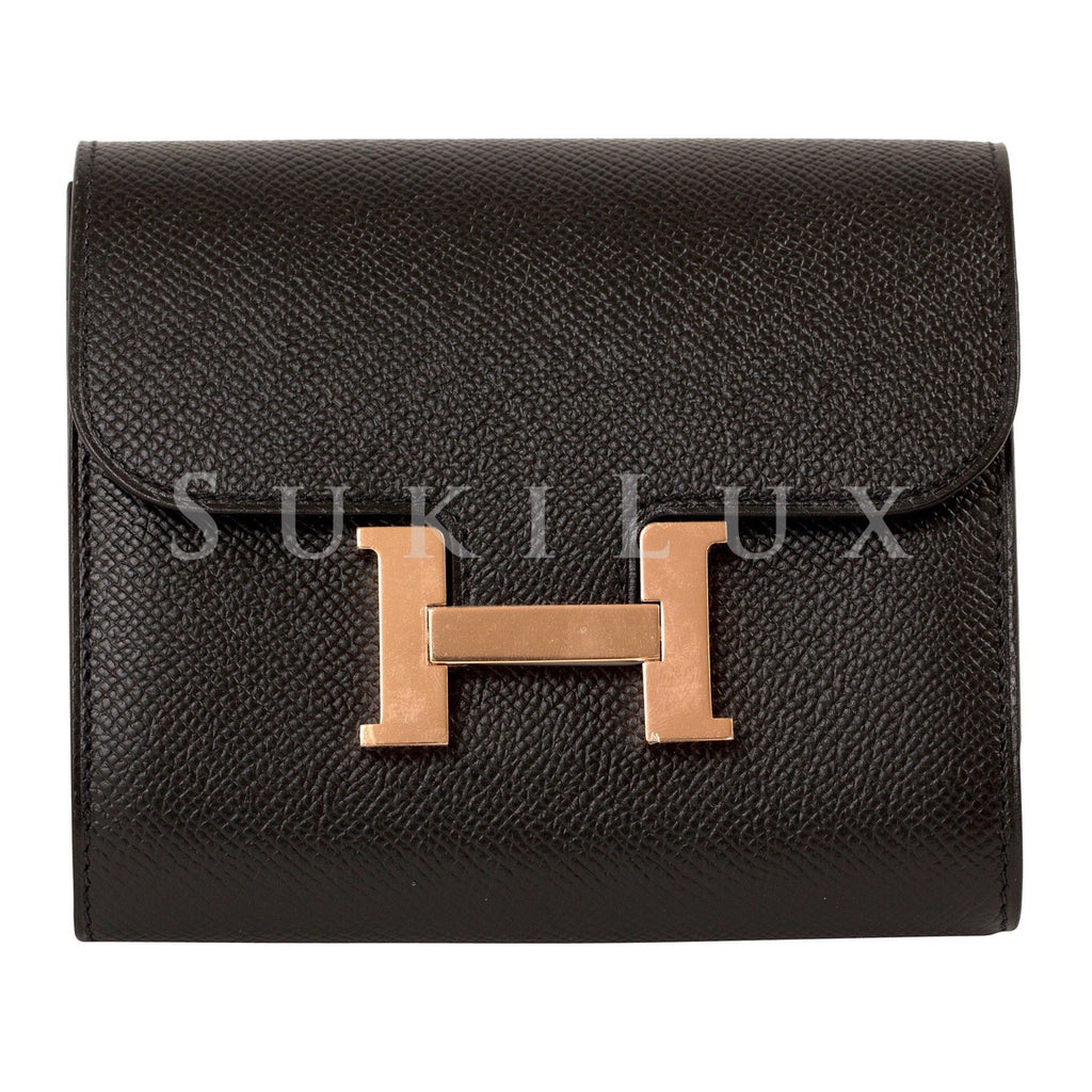 HERMES Constance Compact Wallet Blue Epsom Calfskin Leather Lacquered  Palladium