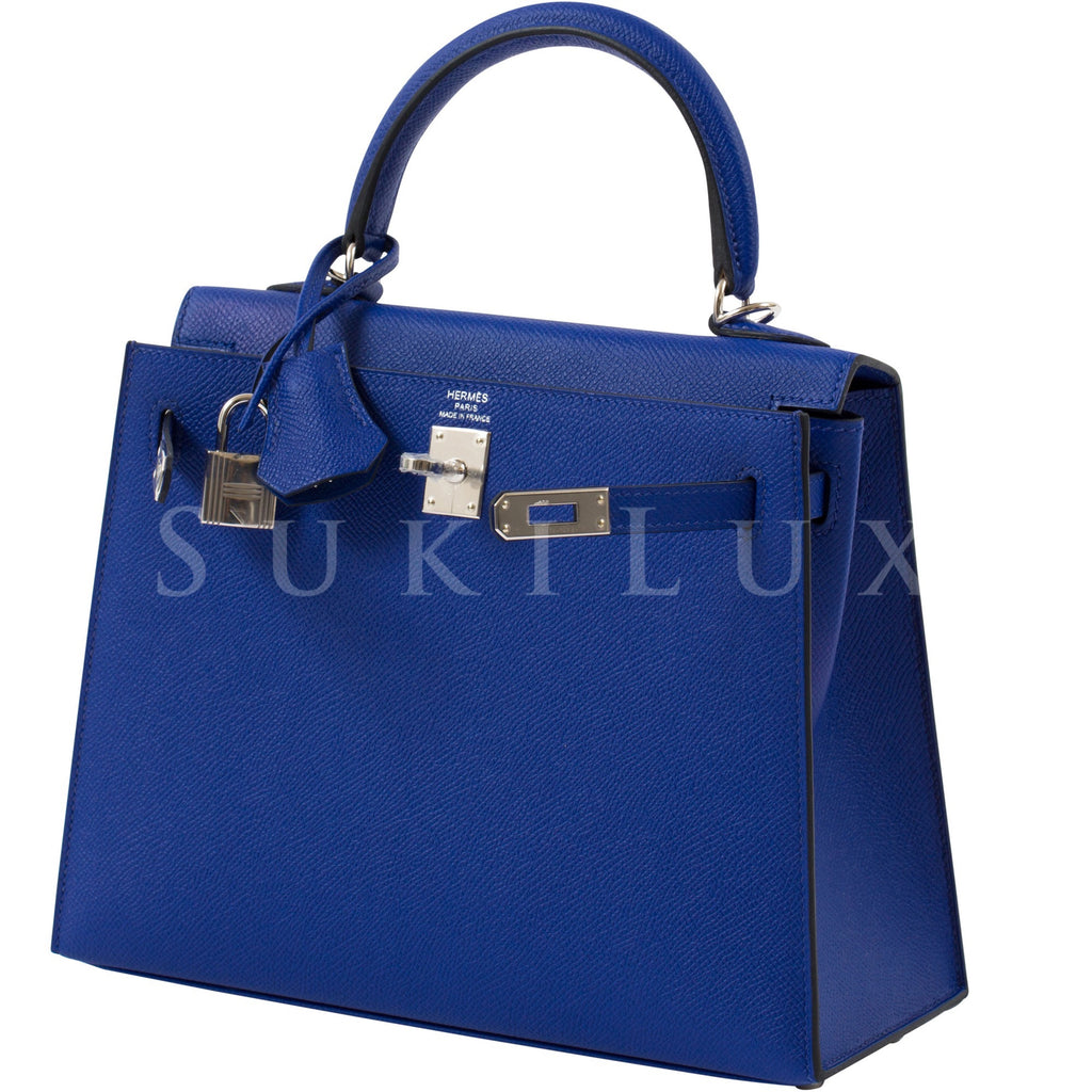 Hermes Blue Epsom Leather Palladium Hardware Kelly 28 Sellier Bag Hermes