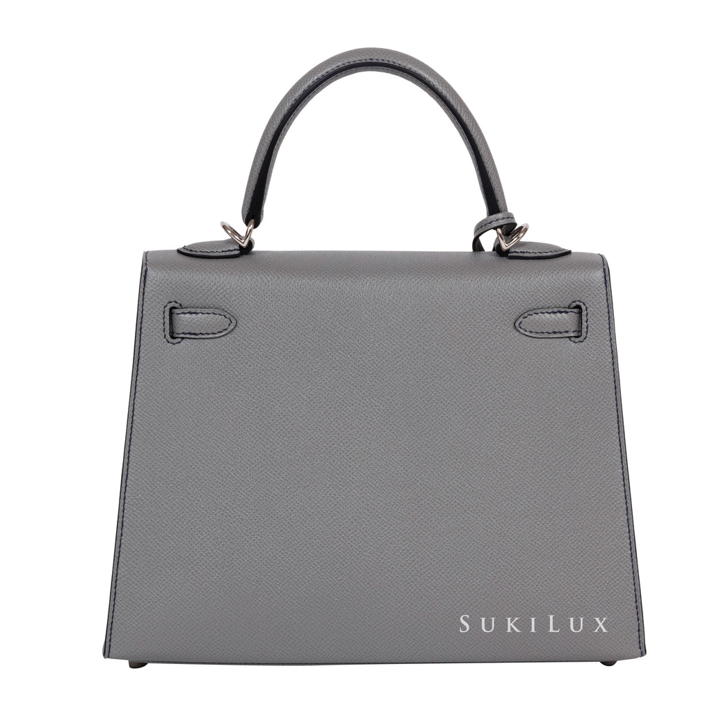 Hermes Personal Kelly bag 25 Sellier Gris mouette/ Blue electric Epsom  leather Matt gold hardware