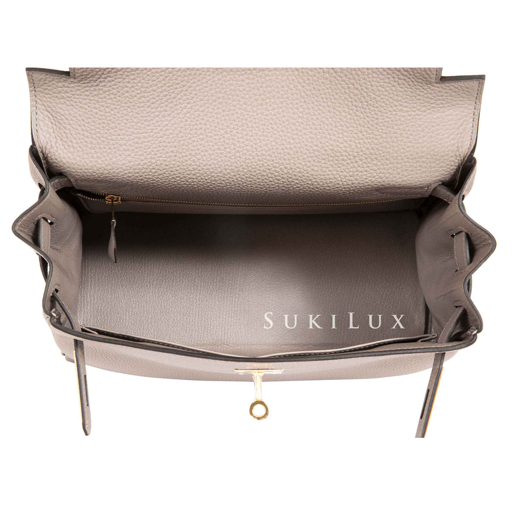 Hermès Kelly Gris Tourterelle Chèvre and Vert Bosphore 28 Gold Hardware, 2015 (Like New), Grey/Brown/Blue Womens Handbag