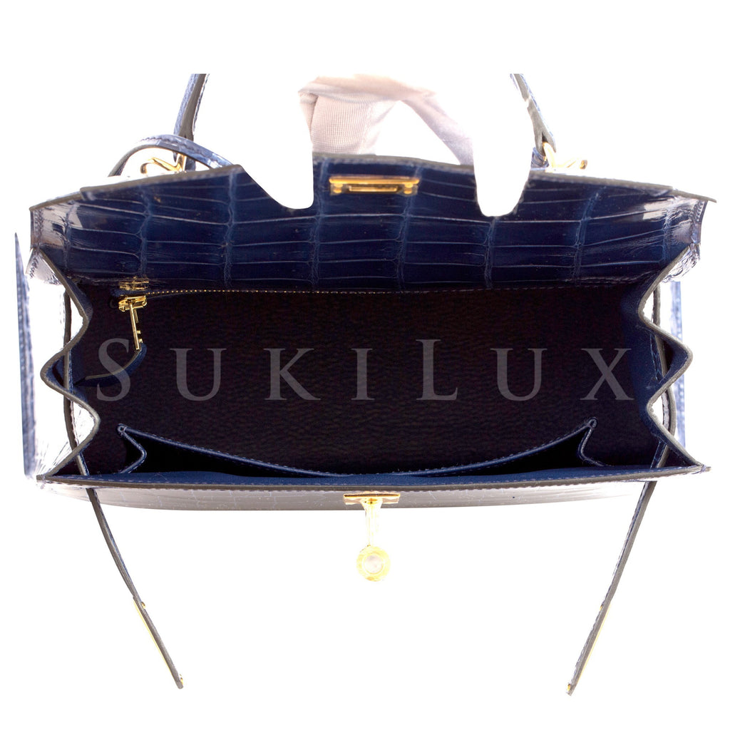 Hermes Blue Saphir Sapphire Crocodile Gold Birkin 25 Handbag Kelly Bag –  MAISON de LUXE