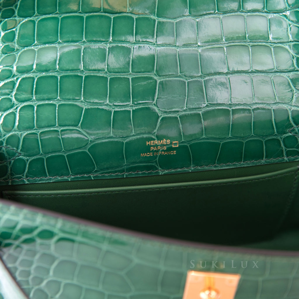 Hermès MiniKelly Pochette Crocodile Shiny Alligator 6Q Emerald Gold Ha –  SukiLux
