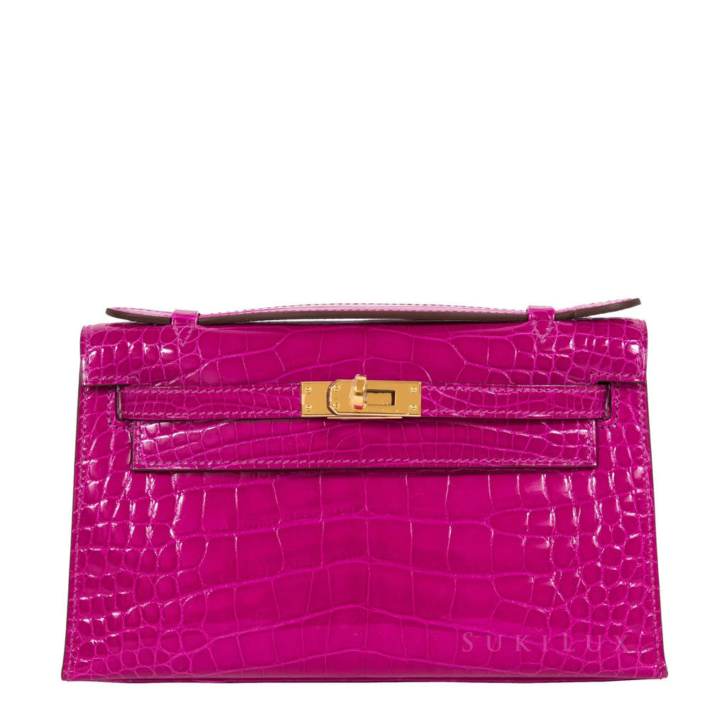 Hermes Shiny Rose Tyrien Nilo Crocodile Kelly Pochette Bag with, Lot  #58078