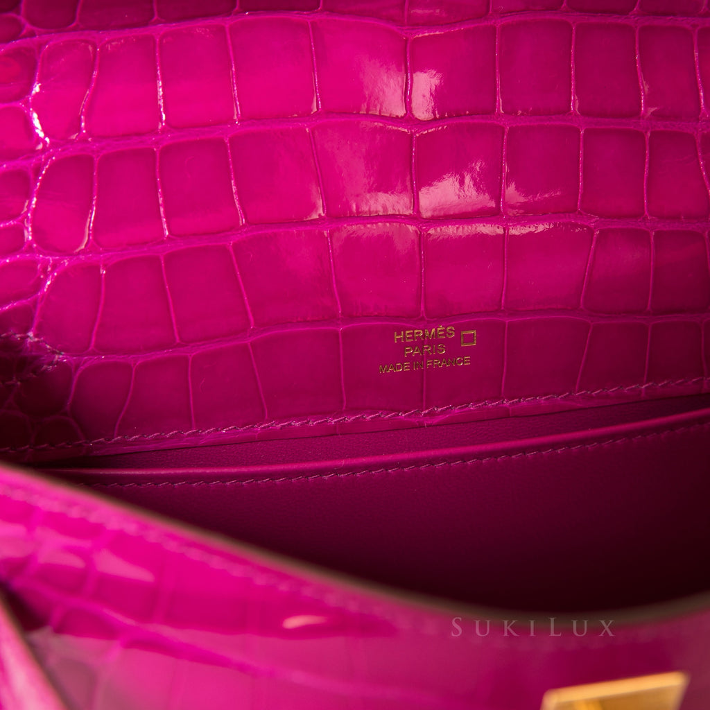 Hermes Shiny Rose Tyrien Nilo Crocodile Kelly Pochette Bag with, Lot  #58078
