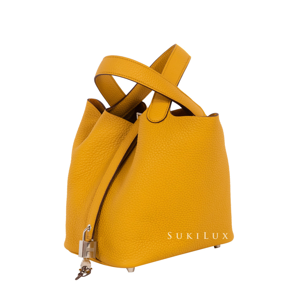 Hermès Picotin Lock 18cm 9D Jaune Ambre Clemence Leather Palladium Har –  SukiLux