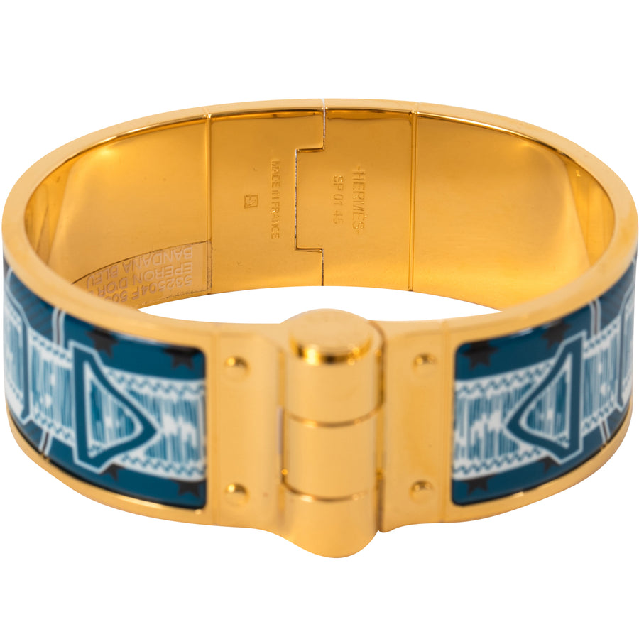 Hermès Narrow Gold Blue Dots Squares Enamel Bangle 70 – Jewelsunderthesea