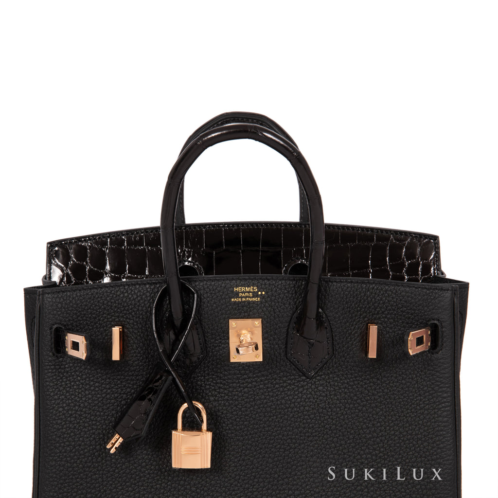 A LIMITED EDITION SHINY BLACK NILOTICUS CROCODILE & TOGO LEATHER TOUCH  BIRKIN 25 WITH ROSE GOLD HARDWARE, HERMÈS, 2021