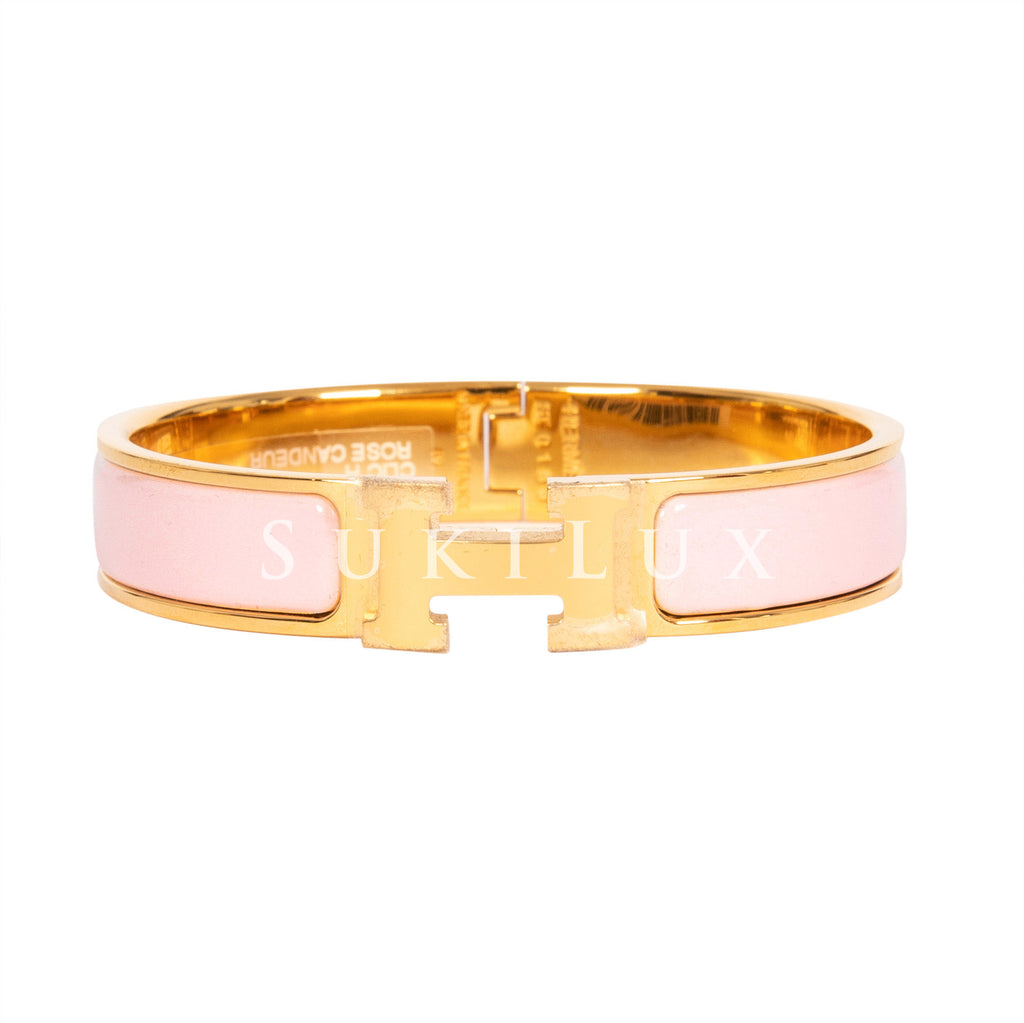 Hermes Narrow Clic H Bracelet (Dark Pink and White/Palladium Plated) - PM